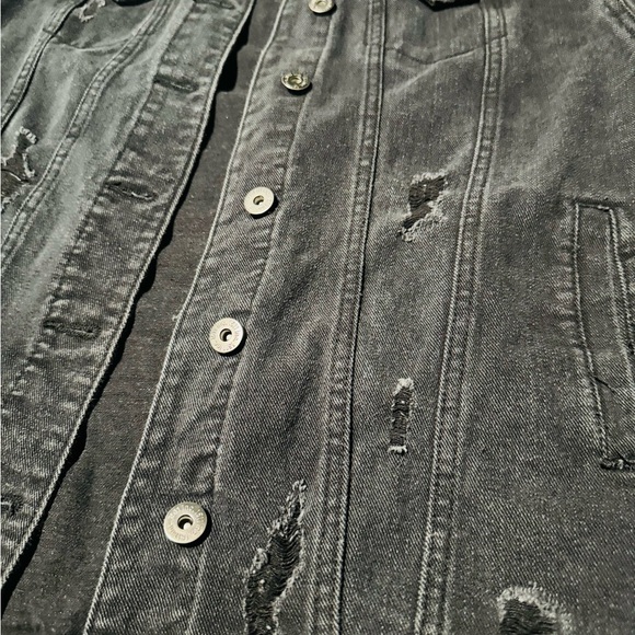 Acid Washed Charcoal Distressed Denim Grunge Jacket - Picture 8 of 8